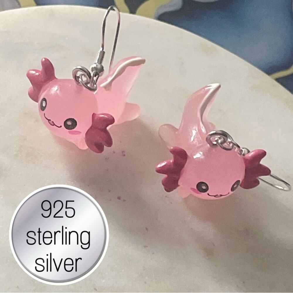 Pink axolotl cute 925 Sterling Silver  Earrings